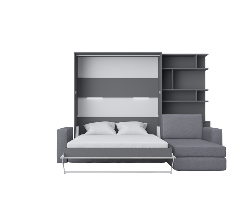 Maxima House Murphy Bed INVENTO European Queen size with a Sectional Sofa and a Bookcase, mattress included IN014/17GW-LG - Bed & Sofa Hub