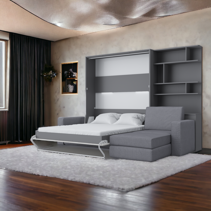 Maxima House Murphy Bed INVENTO European Queen size with a Sectional Sofa and a Bookcase, mattress included IN014/17GW-LG - Bed & Sofa Hub