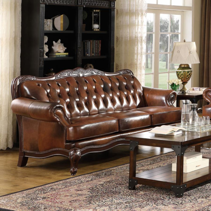 Coaster Victoria Full Leather Upholstered Rolled Arm Sofa Brown - Bed & Sofa Hub