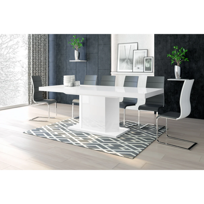 Maxima House Dining Set Diego 7 Pcs. White Modern Glossy Dining Table with 2 Self-Starting Leaves Plus 6 Chairs - Bed & Sofa Hub