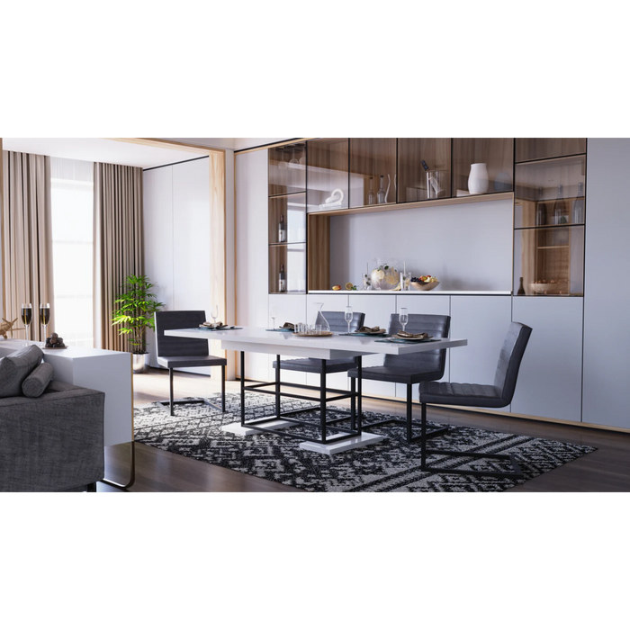 Maxima House Dining Set Anie 7 Pcs. White Modern Glossy Dining Table with 2 Self-Starting Leaves Plus 6 Chairs - Bed & Sofa Hub