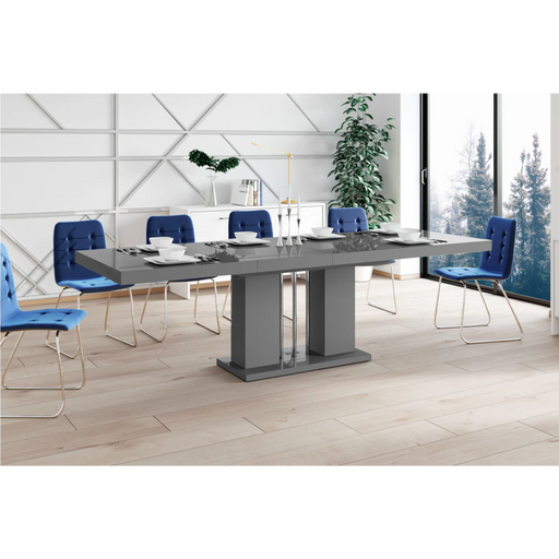 Maxima House Dining Set Nossa 7 Pcs. Gray Modern Glossy Dining Table with 2 Self-Starting Leaves Plus 6 Chairs - Bed & Sofa Hub