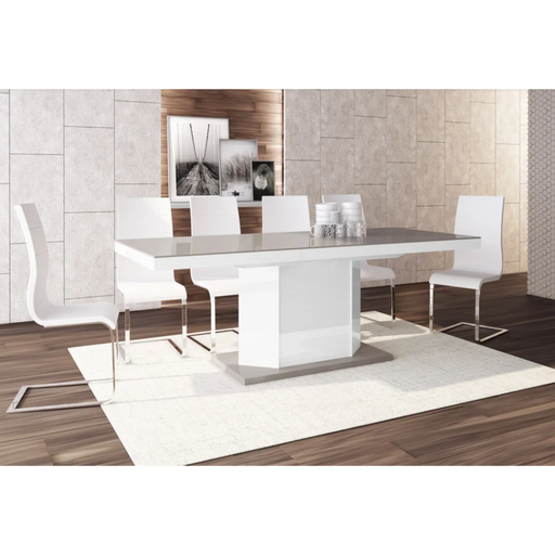 Maxima House Dining Set Diego 7 Pcs. Beige/ White Modern Glossy Dining Table with 2 Self-Storing Leaves Plus 6 White Chairs - Bed & Sofa Hub