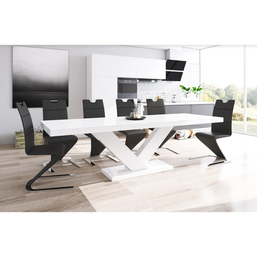Maxima House Dining Set Toria 7 Pcs. Modern White Glossy Dining Table with 2 Self-Starting Leaves Plus 6 Chairs - Bed & Sofa Hub