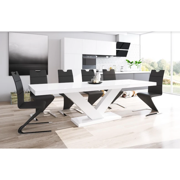Maxima House Dining Set Toria 7 Pcs. Modern White Glossy Dining Table with 2 Self-Starting Leaves Plus 6 Chairs - Bed & Sofa Hub