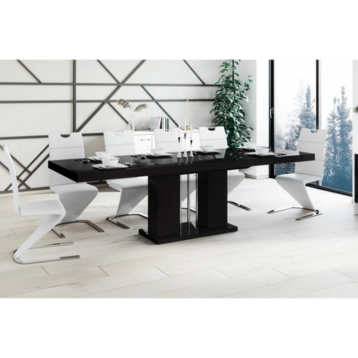 Maxima House Dining Set Nossa 7 Pcs. Black Modern Glossy Dining Table with 2 Self-Starting Leaves Plus 6 Chairs - Bed & Sofa Hub