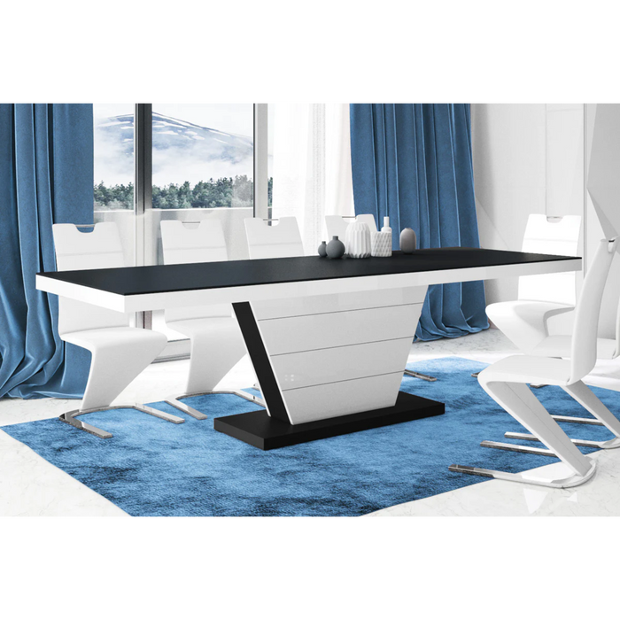 Maxima House Dining Set Mega 7 Pcs. Black/white Modern Dining Table with 2 Self-Storing Leaves Plus 6 White Chairs - Bed & Sofa Hub