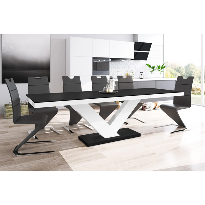 Maxima House Dining Set Toria 7 Pcs. Modern Black/white Glossy Dining Table with 2 Self-Storing Leaves Plus 6 Black Chairs - Bed & Sofa Hub