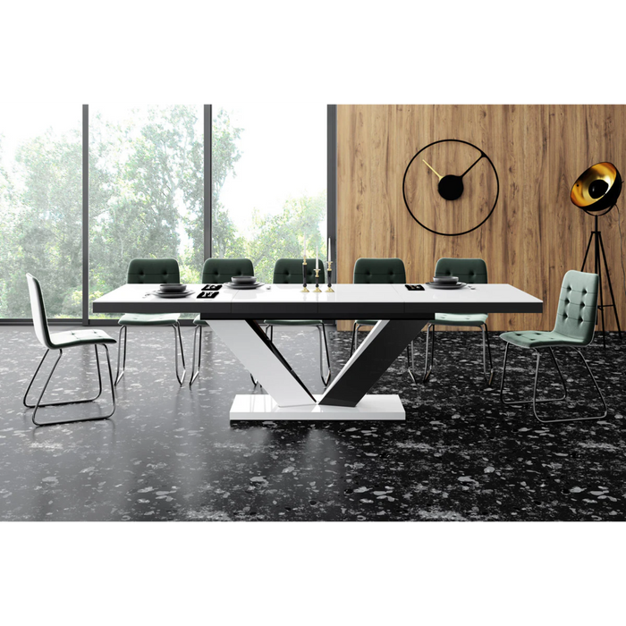 Maxima House Dining Set Aviva Ii 7 Pcs. White/ Black Modern Glossy Dining Table with 2 Self-Starting Leaves Plus 6 Chairs - Bed & Sofa Hub