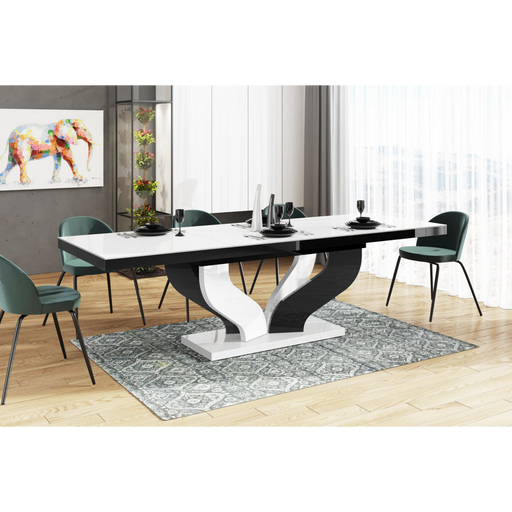 Maxima House Dining Set Aviva 7 Pcs. White/ Black Modern Glossy Dining Table with 2 Self-Starting Leaves Plus 6 Chairs - Bed & Sofa Hub