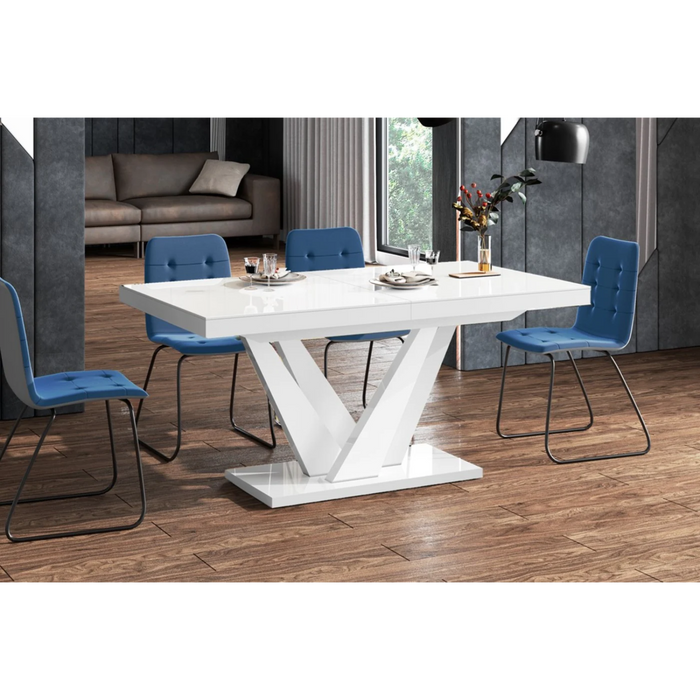 Maxima House Dining Set Chara 7 Pcs. White Modern Glossy Dining Table with 2 Self-Starting Leaves Plus 6 Chairs - Bed & Sofa Hub