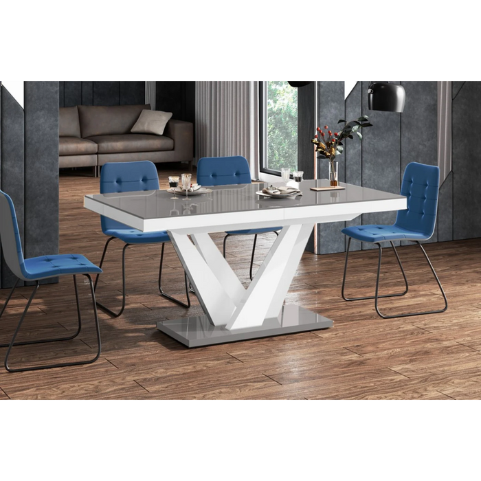 Maxima House Dining Set Chara 7 Pcs. Gray/white Modern Glossy Dining Table with 2 Self-Storing Leaves Plus 6 Chairs - Bed & Sofa Hub