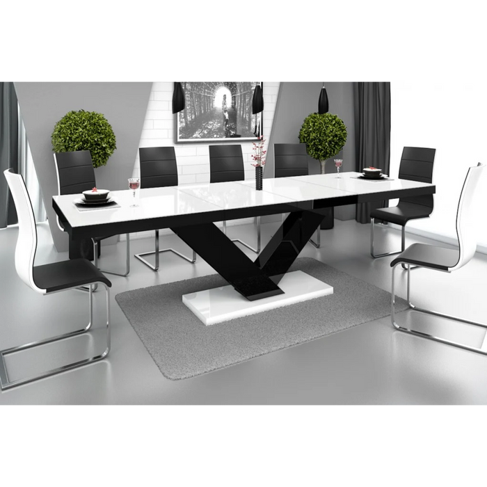Maxima House Dining Set Toria 7 Pcs. Modern White/ Black Glossy Dining Table with 2 Self-Storing Leaves Plus 6 Chairs - Bed & Sofa Hub