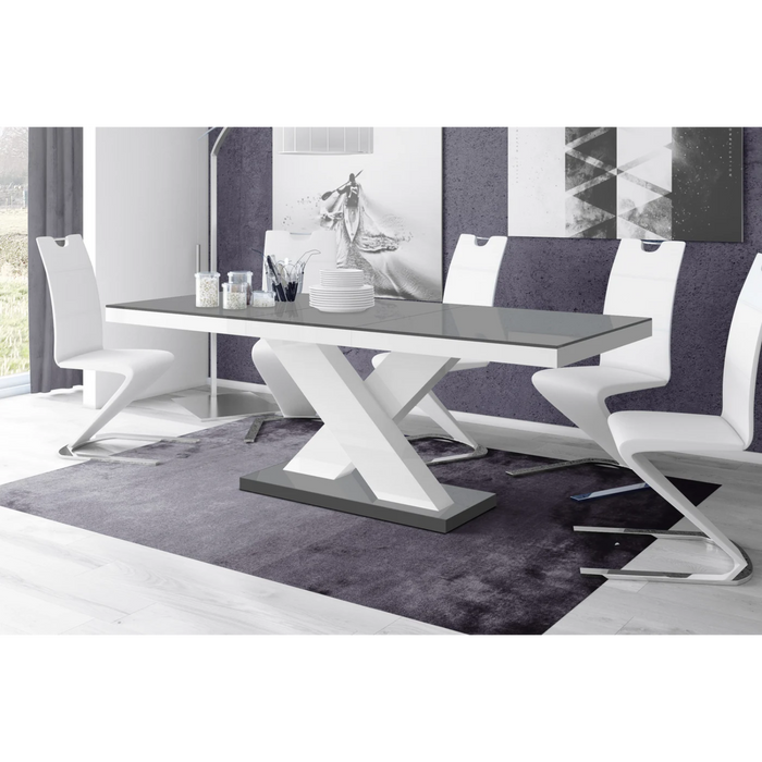 Maxima House Dining Set Xena 7 Pcs. Gray/white Modern Glossy Dining Table with 2 Self-Storing Leaves Plus 6 White Faux Leather Chairs - Bed & Sofa Hub