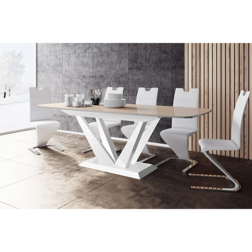 Maxima House Dining Set Feto 7 Pcs. Modern Glossy Dining Table with 2 Self-Starting Leaves Plus 6 Chairs - Bed & Sofa Hub