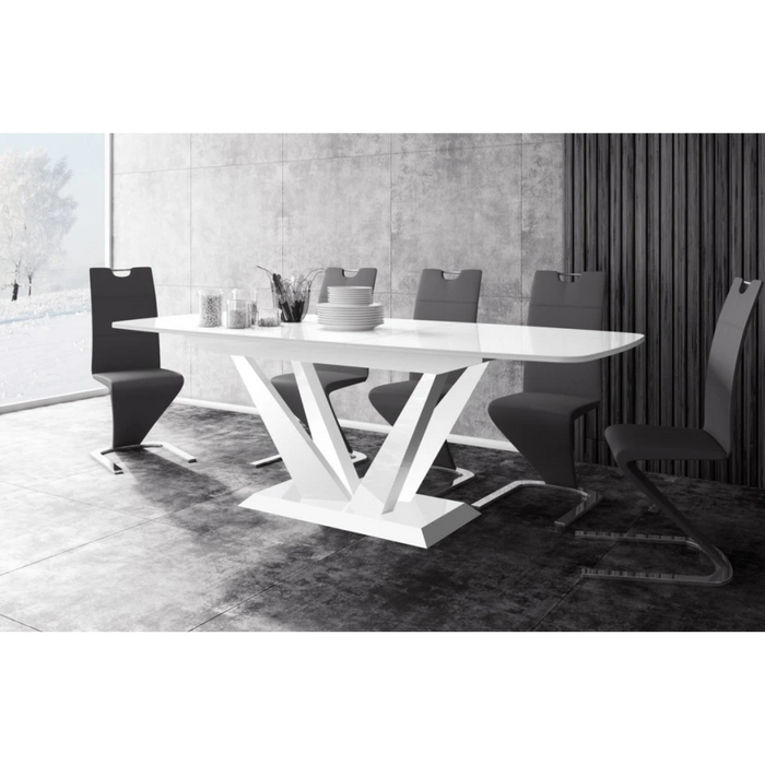 Maxima House Dining Set Feto 7 Pcs. Modern Glossy Dining Table with 2 Self-Starting Leaves Plus 6 Chairs - Bed & Sofa Hub