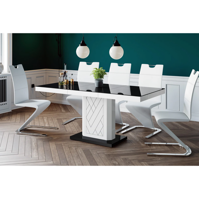 Maxima House Dining Set Iva 7 Pcs. Modern White Glossy Dining Table with 1self-Starting Leaf Plus 6 Chairs - Bed & Sofa Hub