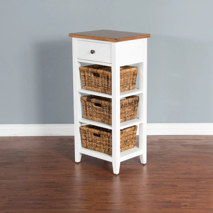 Sunny Designs Farmhouse Wood Storage Rack with Woven Baskets White Natural - Bed & Sofa Hub