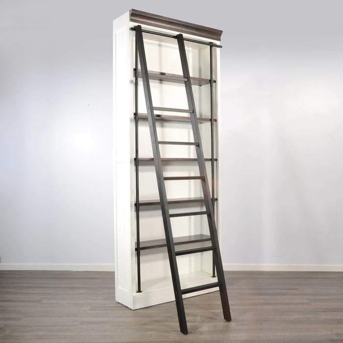 Sunny Designs Carriage House Wood and Metal Bookcase with Ladder in Off White European Cottage - Bed & Sofa Hub