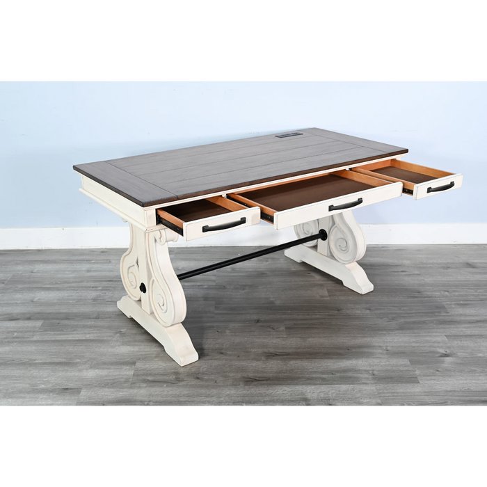 Sunny Designs White Desk with Power Strip Marble White and Buck Skin - Bed & Sofa Hub