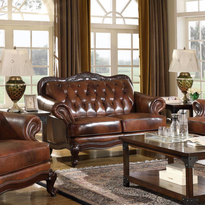 Coaster Victoria Full Leather Upholstered Rolled Arm Loveseat Brown - Bed & Sofa Hub
