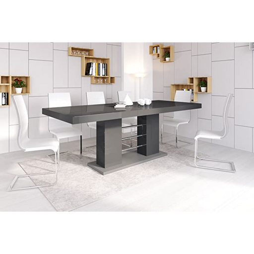 Maxima House Dining Set Lisa 7 Pcs. Gray Modern Glossy Dining Table with 2 Self-Storing Leaves Plus 6 White Chairs - Bed & Sofa Hub