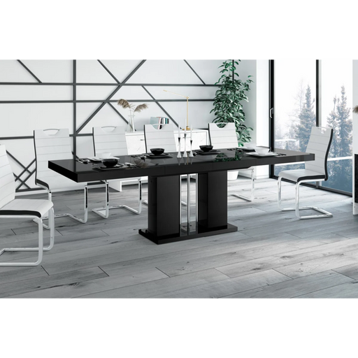 Maxima House Dining Set Nossa 7 Pcs. Black Modern Glossy Dining Table with 2 Self-Starting Leaves Plus 6 Chairs - Bed & Sofa Hub
