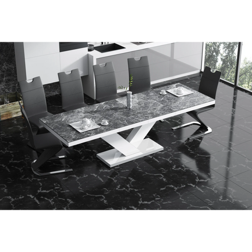 Maxima House Dining Set Toria 7 Pcs. Modern Glossy Dining Table with 2 Self-Storing Leaves Plus 6 Black Chairs - Bed & Sofa Hub